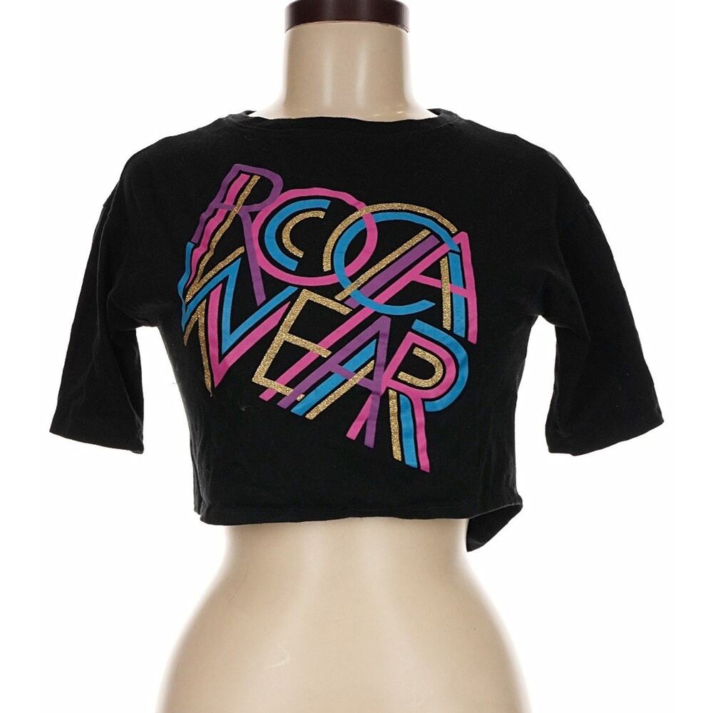 Rocawear Black Graphic Crop Top Y2K Glitter Logo Baby Tee Sz M Streetwear Shirt - Picture 2 of 7